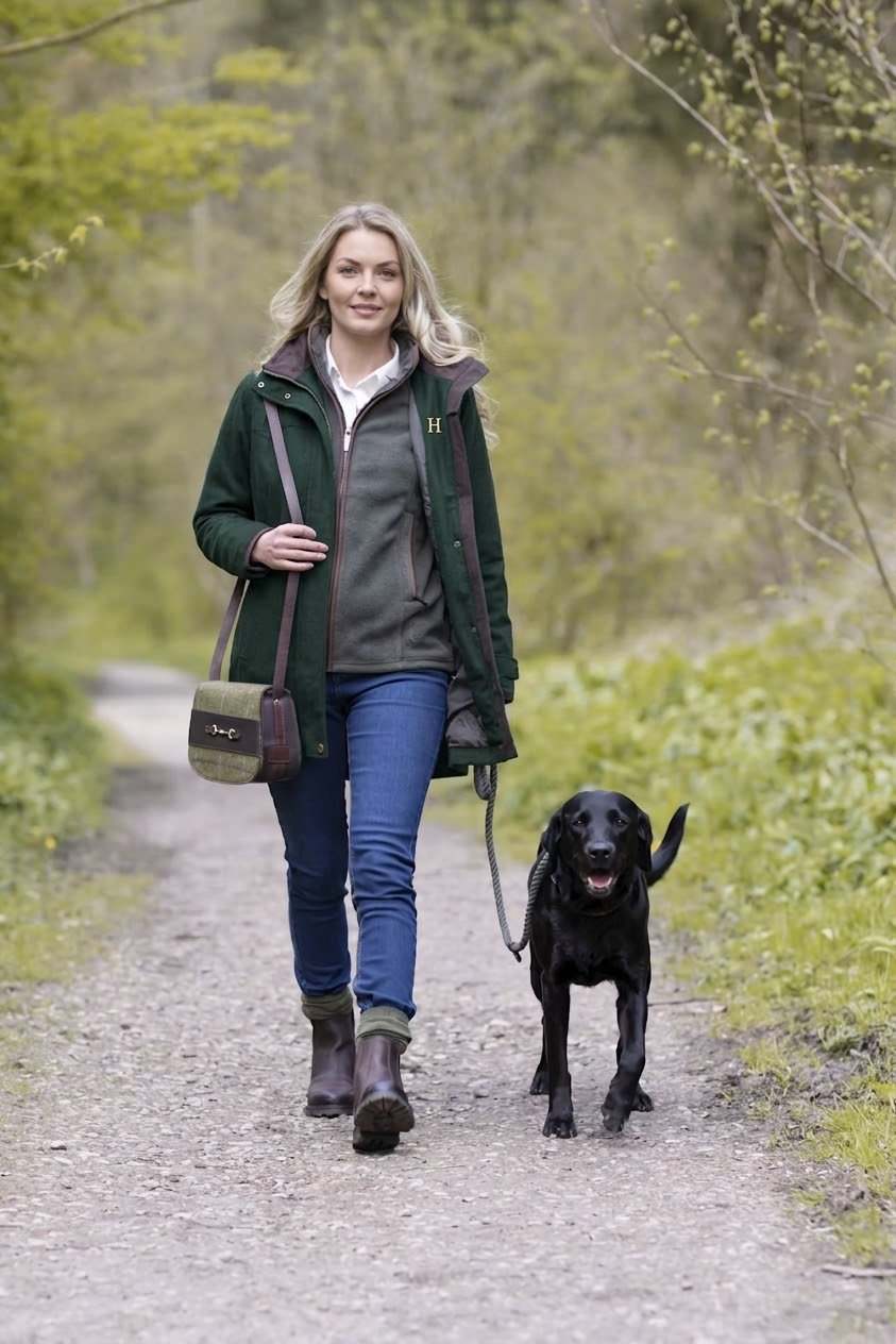 Ladies' Estate Coat in forest green with the Harland H, worn on a woodland track with a black Labrador