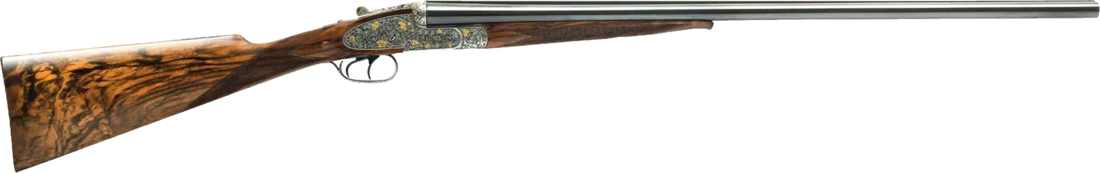 Prestige side-by-side sidelock with gold-inlaid engraving on French grey locks and exhibition walnut
